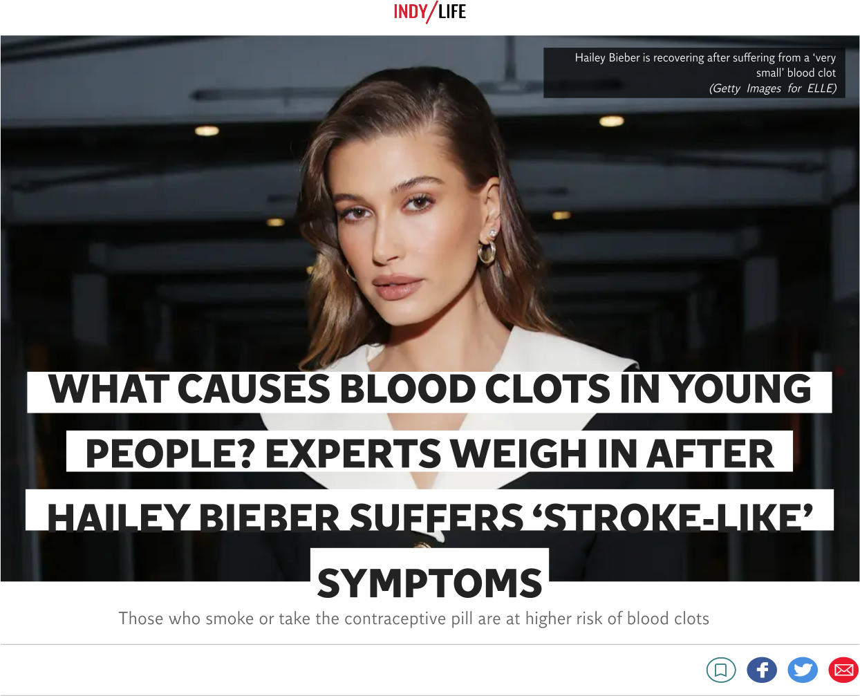 Those who smoke or take the contraceptive pill are at higher risk of blood clots Hailey Bieber is recovering after suffering from a ‘very small’ blood clot (Getty Images for ELLE) WHAT CAUSES BLOOD CLOTS IN YOUNG PEOPLE? EXPERTS WEIGH IN AFTER HAILEY BIEBER SUFFERS ‘STROKE-LIKE’ SYMPTOMS